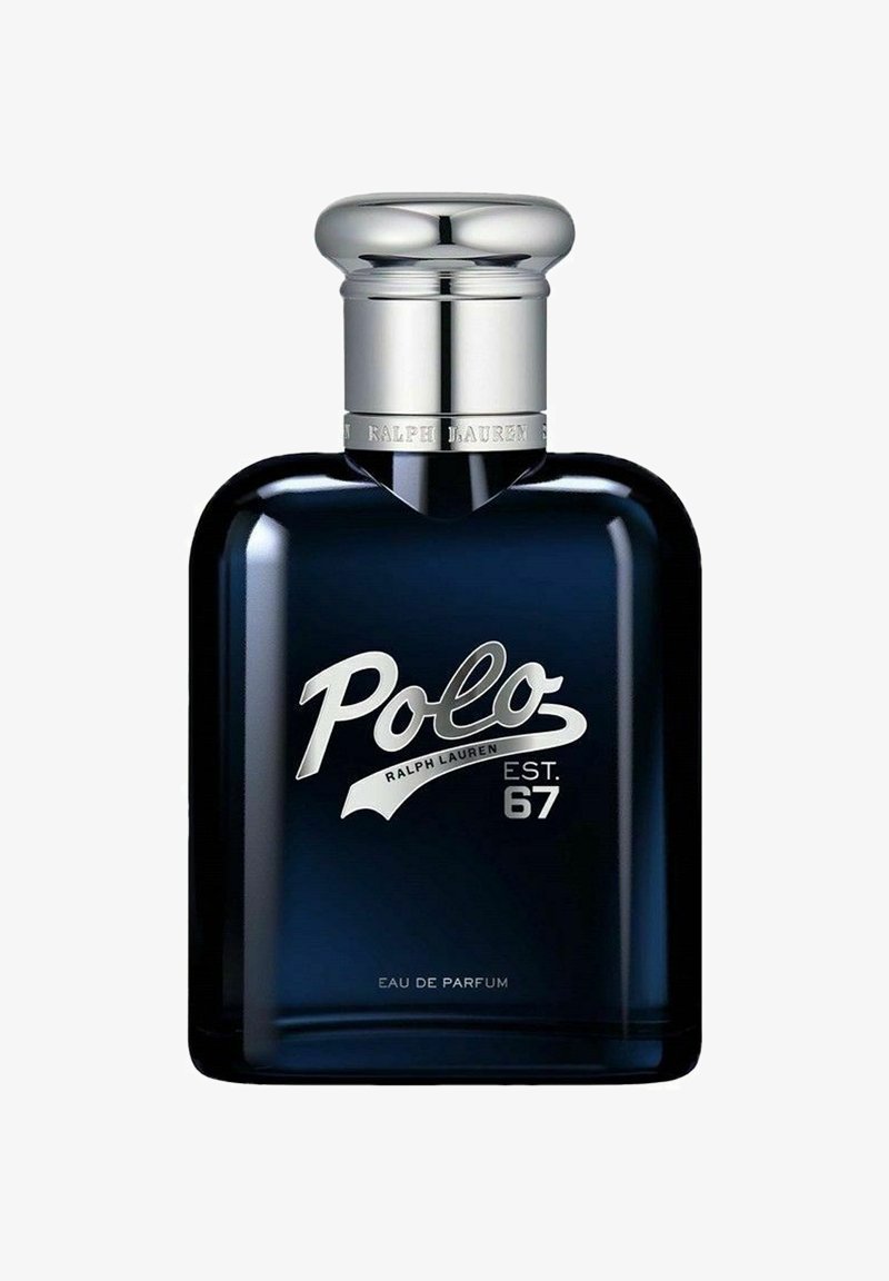 Mörkblå doftflaska med en silverlock, med texten "Polo Ralph Lauren EST. 67" och "Eau de Parfum" längst ner.