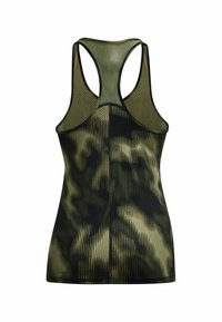 Grünes Tanktop mit gerippter Textur und schwarzem Camouflage-Muster. Verfügt über ein Racerback-Design und flache Nähte. Hergestellt aus dehnbarem, atmungsaktivem Material.