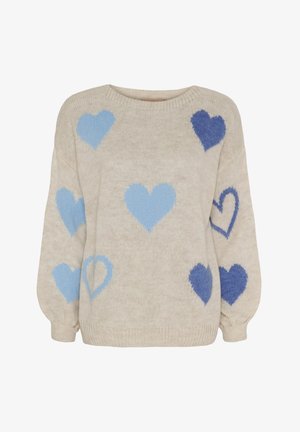 Beige sweater med blå hjerte mønstre i forskellige nuancer, rund halsudskæring og lange ærmer med rynkede manchetter. Fremstillet af blødt strikmateriale.