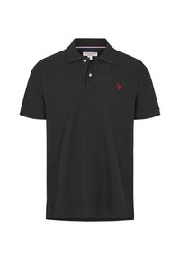 Black polo shirt with a collar, two buttons, and a red embroidered logo on the left chest. Made from cotton, featuring short sleeves.