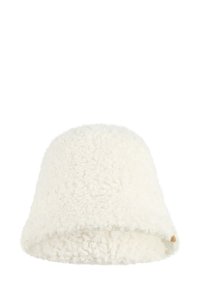 White bucket hat made from textured, fluffy fabric; features a rounded top and a slight downward brim, with a small accent near the edge.