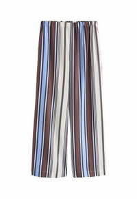 Pantalon ample à jambes larges avec des rayures verticales marron, bleu clair, bleu foncé et blanc, avec une taille élastique.