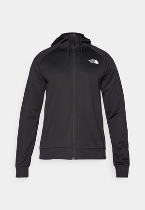 Sort zip-up hættetrøje med en tætsiddende pasform, der har snøre i hætten og logo på venstre bryst. Blødt, strækbart stof med ribbede manchetter.