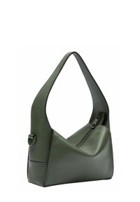 Sac à main en cuir vert avec une forme triangulaire unique, une seule bandoulière et une fermeture éclair sur le dessus. Texture lisse et design minimaliste.