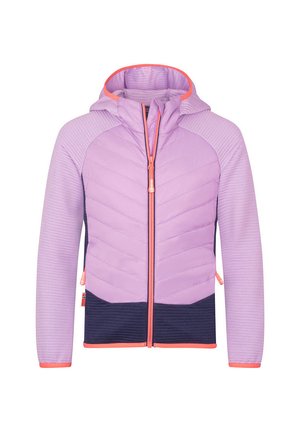 Light purple zipped jacket with a hood, featuring chevron quilting and ribbed texture. Accents in bright pink and dark navy blue parts.
