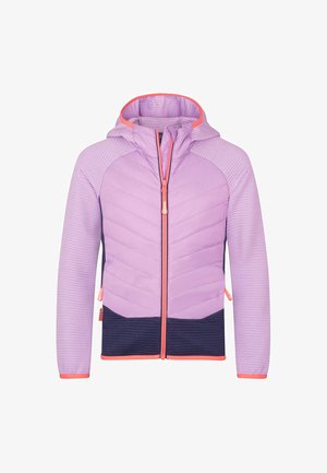 Hellviolette Jacke mit Reißverschluss und Kapuze, mit Chevron-Steppmuster und gerippter Textur. Akzente in leuchtendem Pink und dunkelblauen Partien.