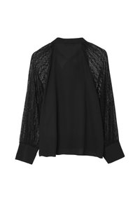 Schwarze Bluse mit einfarbigem Rücken und durchsichtigen Spitzenlangärmeln, die breite Manschetten und einen kleinen Kragen haben.