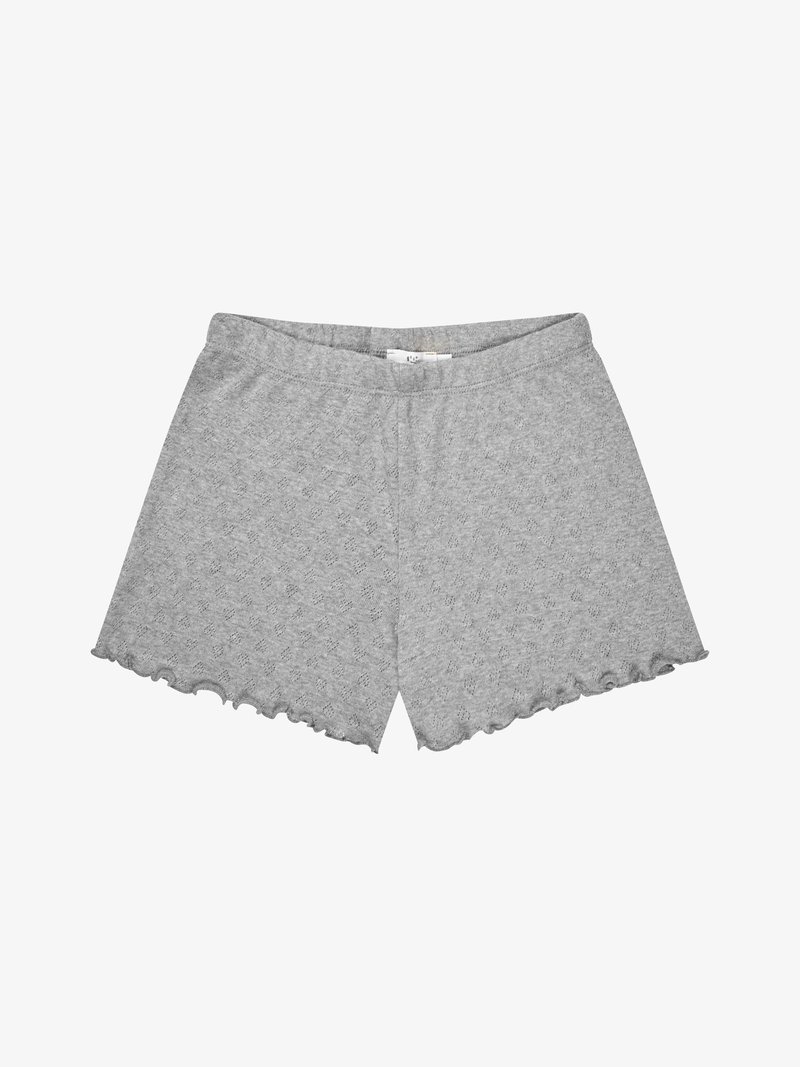 Sivé pletené šortky s oblými lemami a jemným textúrovaným vzorom, s elastickým pásom pre pohodlné nosenie.
