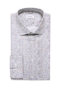 Camicia a maniche lunghe piegata con un motivo floreale nei toni di blu, rosa e verde, con bottoni bianchi e colletto a punta.