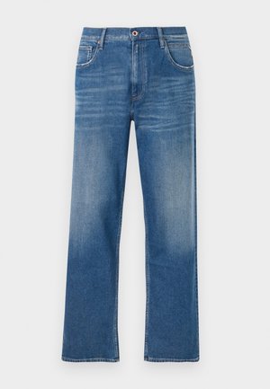 Light blue straight-leg jeans with a faded finish, featuring a button closure and five pockets, displayed against a white background.
