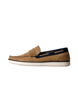 Mocassin beige et bleu marine à enfiler avec semelle blanche, surpiqûres style mocassin et laçage décoratif autour de la tige du talon.