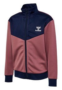 Seurajakki täyspitkällä vetoketjulla, korkea kaulus, tummansininen yläosa, pölyruusun pinkki alaosa, tummansiniset hihansuut ja valkoinen hummel-logo rinnassa.