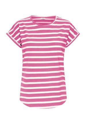 Lyserød og hvidstribet T-shirt med korte ærmer, rund hals, blødt stof, buet kant, afslappet pasform.