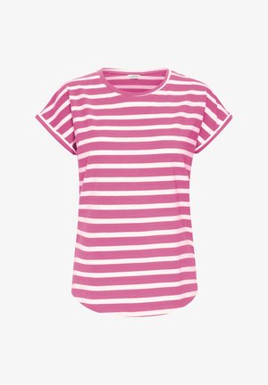 Pink and white striped short-sleeve t-shirt, round neck, soft fabric, curved hem, casual fit.