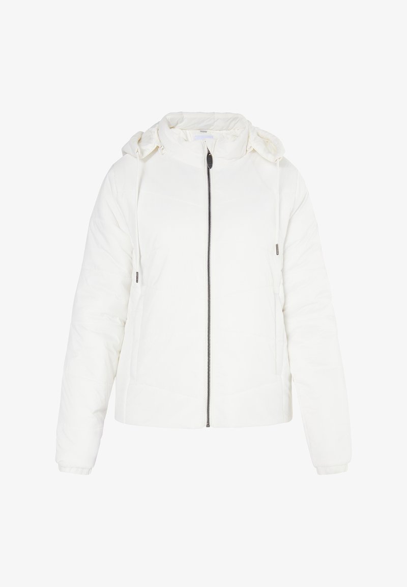 Jachetă albă căptușită, cu fermoar pe față, glugă și manșoane elastice. Prezintă o textură netedă și detalii de cusătură minime.