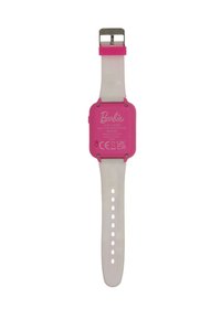Orologio digitale a tema Barbie con quadrante quadrato rosa, cinturino in gomma bianca e fibbia regolabile. Le caratteristiche includono il logo del marchio e fori per la regolazione.