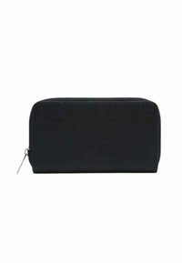 Portefeuille en cuir noir avec fermeture à glissière. Forme rectangulaire, texture lisse et détail de tirette en argent poli. Design compact.