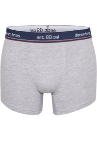 Graue Baumwollboxershorts mit einem marineblauen elastischen Bund, der weißen Text und rote Akzente aufweist. Glatte Textur und körpernaher Schnitt.