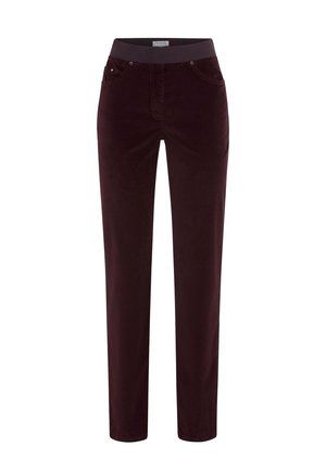 Pantalons en velours côtelé bordeaux avec une taille élastique, deux poches avant et de subtils accents métalliques. Design à jambes droites et texture lisse.