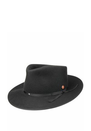 Black felt fedora with wide brim and decorative black ribbon band featuring a small gold emblem on the side.