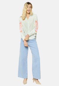 LolaLiza EMBROIDERED STRIPED - Button-down blouse - khaki mint