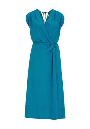 Teal wikkeljurk met korte mouwen, V-hals en knoopdetail bij de taille. Gemaakt van zachte, gestructureerde stof, tot halverwege de kuit.