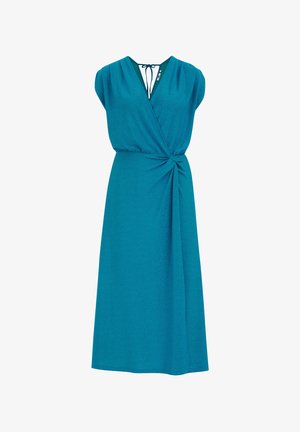 Teal Wickelkleid mit kurzen Ärmeln, V-Ausschnitt und Knoten-Detail in der Taille. Hergestellt aus weichem, strukturiertem Stoff, der bis zur Mitte der Wade fällt.