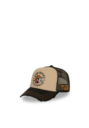 Gorra trucker beige y negra con parte trasera de malla, con el logo de Von Dutch California y un gato de dibujos animados con llaves inglesas en el panel frontal.