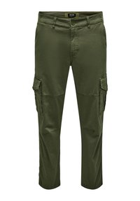 Olivgrüne Cargo-Hosen mit geradem Schnitt, aus strapazierfähigem Material, ausgestattet mit Seitentaschen und einem Knopfverschluss am Bund.