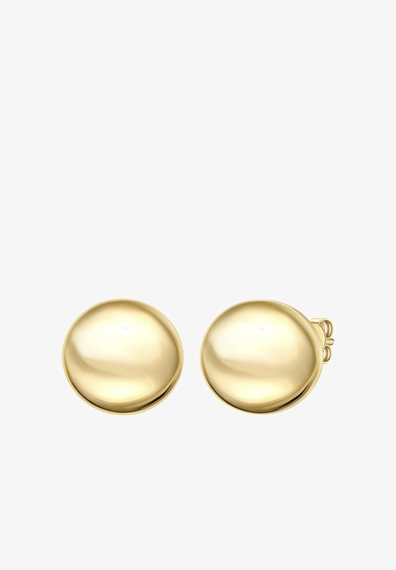 Aranyszínű stúdió fülbevalók sima, kerek formával és fényes felülettel. Egyszerű kialakításuk miatt különféle alkalmakra alkalmasak.