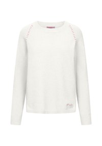 Witte trui met lange mouwen, ronde halslijn en roze stikselaccenten. Zachte textuur met een subtiel geborduurd label aan de zoom.
