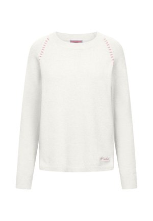 Witte trui met lange mouwen, ronde halslijn en roze stikselaccenten. Zachte textuur met een subtiel geborduurd label aan de zoom.