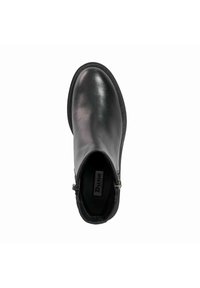 Black leather ankle boot with a smooth finish, rounded toe, side zip closure, and subtle stitching details along the sole.