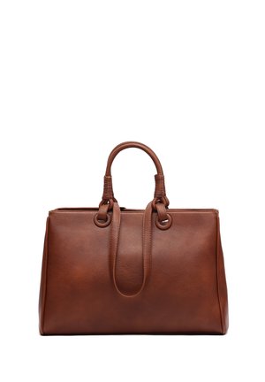 Brown leather handbag with a textured surface, dual top handles, and a structured shape. Features rounded hardware accents and no visible closures.
