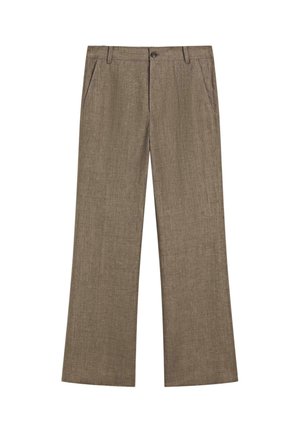 Brune bukser med lige ben i linnedblanding med sidelommer, bæltestropper, knaplukning og frontlynlås.