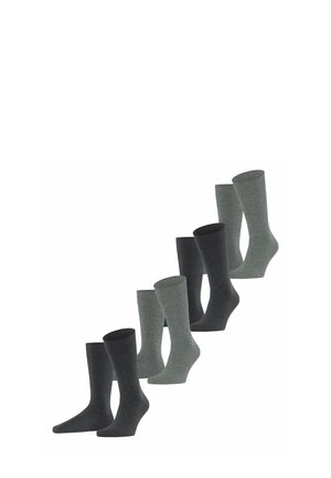 Socken-Set mit zwei Farben: dunkelgrau und hellgrau. Die hellgrauen Socken haben ein blaues Polka-Dot-Muster. Mid-Calf-Länge.