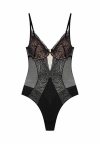 Czarny bodysuit z koronkowymi detalami, przezroczystymi bocznymi panelami z siateczki i regulowanymi ramiączkami. Posiada dekolt w serek oraz wycięcie w talii.