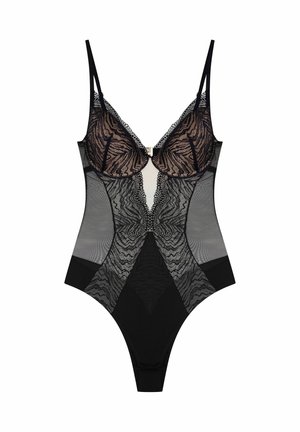 Schwarzer Body mit Spitzenakzenten, durchsichtigen Netzseiten und verstellbaren Trägern. Mit einem tiefen Ausschnitt und einem Ausschnitt-Design an der Taille.