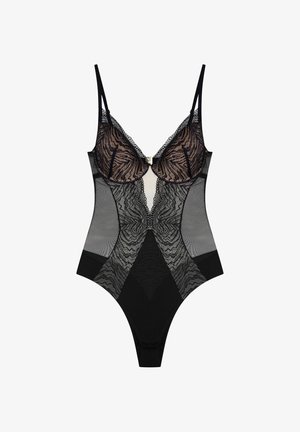 Schwarzer Body mit Spitzenakzenten, durchsichtigen Netzseiten und verstellbaren Trägern. Mit einem tiefen Ausschnitt und einem Ausschnitt-Design an der Taille.