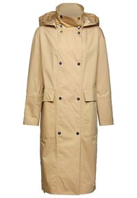 Trench beige lungo con cappuccio, bottoni neri doppi, tasche frontali con patta e maniche lunghe.