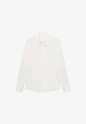 Blouse blanche à manches longues en tissu lisse, dotée d'un col classique, d'un devant boutonné et de poignets, avec une coupe décontractée.