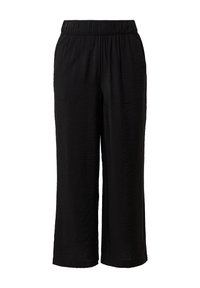 Pantalons larges noirs avec une taille élastique, présentant un tissu texturé et une coupe décontractée sur toute la jambe.