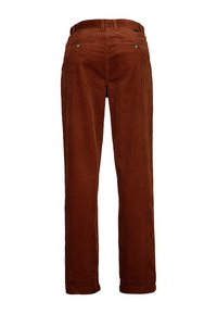 Bruine corduroy broek met verticale ribbeltextuur, recht model, twee achterzakken met metalen knopen en een tailleband met riemlussen.