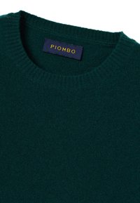 Dunkelgrüner Strickpullover mit Rundhalsausschnitt. Verfügt über eine glatte Textur und gerippte Bündchen. Das Etikett zeigt "PIOMBO" in goldenen Lettern auf dunkelblauem Hintergrund.