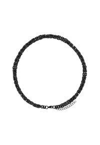 Zwarte ketting met een ingewikkeld geweven ontwerp. Beschikt over een sluiting en een verstelbare lengte. Glad, metalen textuur over het geheel.