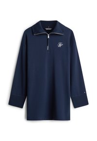 Σκούρο μπλε πουλόβερ με όρθιο γιακά, κλείσιμο με φερμουάρ και κεντημένο λογότυπο. Μακριά μανίκια με φαρδιά μανσέτα, κατασκευασμένο από απαλό ύφασμα.