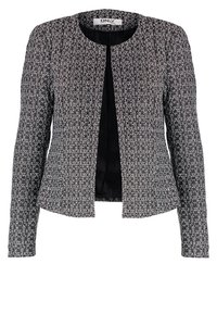 Veste pour femme texturée en noir et blanc avec manches longues, devant ouvert, encolure ronde et taille cintrée.