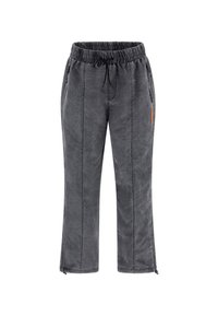 Pantalones grises ceñidos con cinturilla elástica, cierre de cordón, bolsillos laterales y detalles con cremallera en los dobladillos. Acabado texturizado.