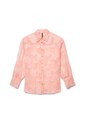 Blusa rosa semi-trasparente con motivo floreale, maniche lunghe a sbuffo, chiusura frontale con bottoni e colletto appuntito, stesa su sfondo bianco.