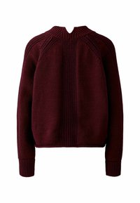 Burgundy knitted sweater with a high neckline, ribbed cuffs, and textured patterns along the shoulders and back.